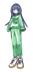 Rule 34 | 1girl, alternate costume, blue hair, commentary request, denonbu, full body, green jacket, green pants, highres, jacket, long hair, long sleeves, looking at viewer, open mouth, pants, red eyes, shinonome kazune, shoes, simple background, sneakers, solo, standing, track jacket, track pants, track suit, tsuzutsu, white background