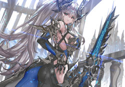 Rule 34 | 1girl, ass, back, bodysuit, breasts, glowing, highres, horns, long hair, looking at viewer, original, parted lips, ponytail, purple eyes, ran&#039;ou (tamago no kimi), silver hair, solo, sword, very long hair, weapon