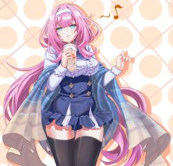 Rule 34 | 1girl, absurdres, black thighhighs, blue eyes, blue skirt, breasts, center frills, closed mouth, commentary request, cup, disposable cup, drinking straw, drop shadow, eighth note, elysia (coco) (honkai impact), elysia (honkai impact), frills, hairband, hands up, high-waist skirt, highres, holding, holding cup, honkai (series), honkai impact 3rd, long hair, long sleeves, looking at viewer, medium breasts, musical note, pink hair, pointy ears, shawl, shirt, skirt, smile, solo, thighhighs, tsuroro art, very long hair, white hairband, white shirt