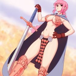 Rule 34 | 1girl, absurdres, armor, bikini armor, boots, braid, breasts, brown gloves, cape, closed mouth, cowboy shot, gloves, hand on own hip, highres, knee boots, large breasts, loincloth, long hair, navel, one piece, outdoors, pink hair, rebecca (one piece), red eyes, revealing clothes, sandcasks, sidelocks, solo, standing, sword, weapon