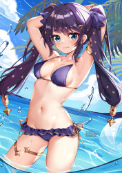 Rule 34 | 1girl, :3, armlet, armpits, arms behind head, arms up, bare arms, bare shoulders, bikini, bikini skirt, black hair, blue eyes, breasts, contrapposto, day, genshin impact, groin, halterneck, highres, long hair, looking at viewer, medium breasts, mona (genshin impact), navel, ocean, outdoors, purple bikini, side-tie bikini bottom, smile, solo, squchan, standing, stomach, string bikini, swimsuit, thighlet, thighs, twintails, wading, water
