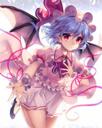 Rule 34 | 1girl, ascot, bat wings, black footwear, bloom, blue hair, brooch, frilled shirt collar, frills, hat, hat ribbon, high heels, jewelry, looking at viewer, masaru.jp, mob cap, parted lips, pink shirt, pink skirt, pointy ears, puffy short sleeves, puffy sleeves, red eyes, red ribbon, remilia scarlet, ribbon, shirt, shoes, short hair, short sleeves, sideways glance, skirt, skirt set, solo, touhou, wings, wrist cuffs
