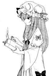 Rule 34 | 1girl, book, bow, candle, candlestand, crescent, dress, dress bow, fire, frills, from side, greyscale, hair ribbon, hat, hat ribbon, holding, holding book, holding candle, long hair, long sleeves, maguro (mawaru sushi), mob cap, monochrome, patchouli knowledge, ribbon, simple background, solo, striped clothes, striped dress, touhou, white background, wide sleeves