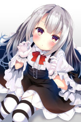Rule 34 | 1girl, azur lane, black skirt, blush, bow, brown eyes, center frills, chestnut mouth, commentary request, erebus (azur lane), frills, from above, gloves, gradient background, grey background, hands up, high-waist skirt, highres, juliet sleeves, long hair, long sleeves, looking at viewer, looking up, parted lips, pokonyan (kuhina0110), puffy sleeves, red bow, shirt, silver hair, sitting, skirt, solo, striped clothes, striped thighhighs, suspender skirt, suspenders, thighhighs, v-shaped eyebrows, very long hair, white background, white gloves, white shirt, wide sleeves