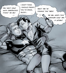 Rule 34 | 2boys, age difference, alcohol, bed, bottle, captain america, drunk, james buchanan barnes, lying, male focus, monochrome, multiple boys, muscular, naughty face, sitting, sitting on person, size difference, smile, steve rogers, tagme, text focus, yaoi