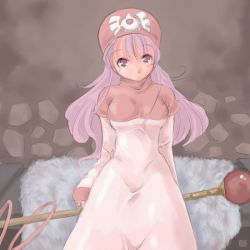 Rule 34 | 1girl, bonoramo, breasts, closed mouth, commentary request, dragon quest, dragon quest ii, dress, hood, long hair, looking at viewer, princess of moonbrook, purple hair, solo, staff