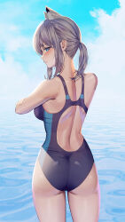 Rule 34 | 1girl, absurdres, animal ear fluff, animal ears, ass, back, back focus, black one-piece swimsuit, blue archive, blue eyes, blue sky, breasts, cloud, competition swimsuit, covered navel, cross hair ornament, damcheong, day, extra ears, from above, from behind, grey hair, hair ornament, halo, highres, horizon, looking at viewer, looking back, low ponytail, medium breasts, medium hair, mismatched pupils, multicolored clothes, multicolored swimsuit, ocean, one-piece swimsuit, outdoors, shiroko (blue archive), shiroko (swimsuit) (blue archive), sky, solo, swimsuit, water, wolf ears