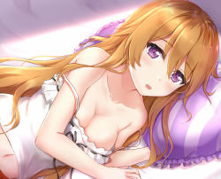 Rule 34 | 1girl, artist name, artist request, bare shoulders, bed, black ribbon, blush, breasts, brown hair, camisole, cleavage, collarbone, female focus, frilled shirt, frills, hair between eyes, hair ornament, hairclip, head on pillow, jacket, konoe kanata, long hair, long sleeves, looking at viewer, love live!, love live! nijigasaki high school idol club, love live! school idol festival, medium breasts, on bed, on pillow, parted lips, pillow, pink jacket, pink sweater, purple eyes, ribbon, ribbon trim, shirt, smile, solo, striped pillow, sweater, upper body, white camisole, white shirt