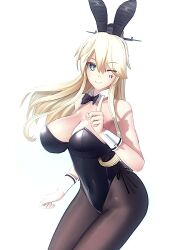 Rule 34 | 1girl, 3d, alternate costume, animal ears, black bow, black bowtie, black leotard, black pantyhose, blonde hair, blue eyes, bow, bowtie, breasts, cleavage, covered navel, cowboy shot, detached collar, gr sword, headgear, highres, index finger raised, iowa (kancolle), kantai collection, large breasts, leotard, long hair, looking at viewer, one eye closed, pantyhose, playboy bunny, rabbit ears, side-tie leotard, simple background, solo, star-shaped pupils, star (symbol), strapless, strapless leotard, symbol-shaped pupils, white background, wrist cuffs