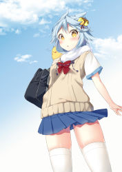 Rule 34 | 1girl, animal, animal ears, animal on shoulder, azur lane, bag, beige sweater, bell, bird, blue hair, blue skirt, blue sky, bow, chick, chick on shoulder, cloud, commentary request, cowboy shot, day, fox ears, fubuki (azur lane), hair bell, hair ornament, highres, jingle bell, looking at viewer, pleated skirt, red bow, scarf, school bag, school uniform, shiruko (27anko), short hair, skirt, sky, solo, standing, sweater vest, thighhighs, white scarf, white thighhighs, yellow eyes