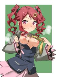 Rule 34 | 1girl, blush, breasts, commission, embarrassed, gauche (tales), hair ornament, hair rings, highres, kouji (kozi master), looking at viewer, necktie, red eyes, red hair, short hair, simple background, skirt, small breasts, solo, steam, sweat, tales of (series), tales of vesperia, twintails, undressing