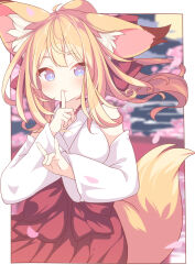 Rule 34 | 1girl, animal ear fluff, animal ears, bare shoulders, blonde hair, blue eyes, blush, breasts, daidai ookami, detached sleeves, fox ears, fox shadow puppet, fox tail, hakama, highres, japanese clothes, long hair, medium breasts, open mouth, original, petals, red hakama, solo, tail, white sleeves