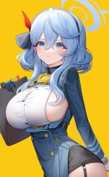Rule 34 | 1girl, absurdres, ako (blue archive), bell, belt collar, black gloves, black hairband, black skirt, blue archive, blue eyes, blue hair, book, breasts, closed mouth, collar, dpea9, earrings, gloves, hair between eyes, hairband, halo, highres, holding, holding book, jewelry, large breasts, long hair, long sleeves, looking at viewer, neck bell, pout, school uniform, short hair, short hair with long locks, sideboob, sidelocks, simple background, skirt, solo, upper body, yellow background