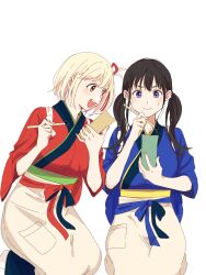 Rule 34 | 2girls, :d, black hair, blonde hair, blue bow, blue kimono, blush, bob cut, bow, calligraphy brush, closed mouth, commentary, hair ribbon, highres, holding, holding brush, holding tanzaku, inoue takina, japanese clothes, kimono, long hair, looking at another, lycoris recoil, multiple girls, nishikigi chisato, official alternate costume, one side up, open mouth, paintbrush, purple eyes, red bow, red eyes, red kimono, red ribbon, ribbon, sash, seiza, short hair, short sleeves, simple background, sitting, skirt, smile, sweatdrop, tanzaku, teeth, twintails, upper teeth only, variant set, white background, wide sleeves, yellow skirt, yomo (moo 777 moo)