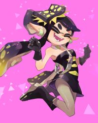 Rule 34 | 1girl, :d, ^ ^, bare shoulders, black dress, black footwear, black gloves, black hair, blonde hair, boots, bow-shaped hair, breasts, callie (splatoon), cleavage, closed eyes, dress, earrings, fang, food, food on head, gloves, gradient hair, grey pantyhose, hands up, highres, inkling, jewelry, koike3582, long hair, medium breasts, mole, mole under eye, multicolored hair, neck ring, nintendo, object on head, open mouth, pantyhose, pink background, pointy ears, short eyebrows, smile, solo, splatoon (series), splatoon 3, strapless, strapless dress, suction cups, teeth, tentacle hair, two-tone hair, very long hair
