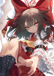 Rule 34 | 1girl, absurdres, arm belt, ascot, belt, blurry, blurry background, boots, bow, brown hair, closed mouth, detached sleeves, eyes visible through hair, feet out of frame, floating hair, foreshortening, frilled hair tubes, frills, hair bow, hair tubes, hakurei reimu, highres, knees up, light blush, long hair, looking to the side, muraryo, nail polish, red bow, red eyes, red nails, red ribbon, red skirt, red vest, ribbon, ribbon-trimmed sleeves, ribbon trim, sidelocks, simple background, skirt, skirt set, slit, solo, touhou, vest, yellow ascot