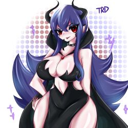 Rule 34 | 1girl, black dress, breasts, cape, choker, cleavage, cocktail dress, demon girl, demon horns, dress, ear piercing, eyeshadow, fang, hand on own hip, high collar, highres, horns, inner sideboob, large breasts, long hair, looking at viewer, makeup, navel, original, piercing, pointy ears, purple hair, red eyes, satana (togetoge), slit pupils, spiked choker, spikes, thick thighs, thighs, trd-yo, very long hair, wide hips