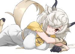 1girl black_horns breasts brown_eyes commentary_request extra_ears gradient_horns grey_hair grey_horns hair_over_one_eye horns kemono_friends large_breasts looking_at_viewer lying multicolored_horns on_stomach ox_ears ox_girl ox_horns ox_tail shirt short_hair simple_background solo tanabe_(fueisei) white_background yak_(kemono_friends) yellow_shirt