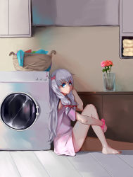 Rule 34 | 1girl, absurdres, bare shoulders, barefoot, blue eyes, bow, bracelet, breasts, chinese commentary, closed mouth, commentary request, eromanga sensei, eyelashes, flower, from side, hair bow, hair over shoulder, hand in own hair, hand up, highres, hugging own legs, indoors, izumi sagiri, jewelry, knee up, laundry, laundry basket, long hair, looking at viewer, looking to the side, low-tied long hair, off-shoulder shirt, off shoulder, on floor, pajamas, pink bow, pink flower, pink shirt, shirt, short sleeves, sidelocks, silver hair, sitting, small breasts, smile, solo, vase, washing machine, yya