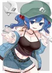 Rule 34 | 1girl, belt, black belt, black tank top, blue eyes, blue hair, blue jacket, blue shorts, bolt, breasts, cleavage, collarbone, cowboy shot, flat cap, green hat, hair bobbles, hair ornament, hat, jacket, kawashiro nitori, key, large breasts, long sleeves, medium hair, navel, nut (hardware), open clothes, open jacket, open mouth, shorts, smile, solo, tank top, touhou, two side up, wrench, zetsumame