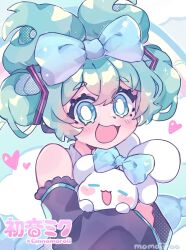 Rule 34 | 1girl, ^ ^, artist name, blue eyes, blue hair, bow, cinnamiku, cinnamoroll, closed eyes, cloud, copyright name, detached sleeves, hair bow, hair ornament, hatsune miku, heart, highres, hug, light blue hair, looking to the side, momoiiroo, open mouth, ponytail, ribbon, sanrio, sleeveless, solo, twintails, upper body, vocaloid