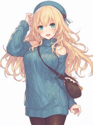 Rule 34 | 1girl, atago (kancolle), bag, blonde hair, blue sweater, blush, breasts, green eyes, hat, highres, kantai collection, large breasts, long hair, long sleeves, off-shoulder sweater, off shoulder, open mouth, smile, solo, sweater, turtleneck, yuekuratsu