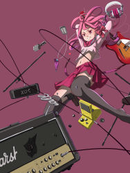 Rule 34 | 1girl, angry, broken, cable, electric guitar, female focus, guitar, headphones, highres, instrument, legs, long hair, masakasu, microphone, midriff, navel, original, pedal (instrument), pink hair, school uniform, shoes, single shoe, skirt, solo, thighhighs, wire