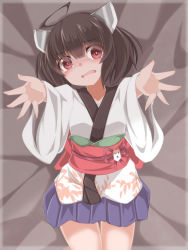 Rule 34 | 1girl, ahoge, ao (aoblueao), bed sheet, black hair, blue skirt, blush, eyes visible through hair, fang, hair over one eye, headgear, highres, japanese clothes, jewelry, kimono, long sleeves, looking at viewer, lying, nose blush, obi, on back, open mouth, outstretched arms, pleated skirt, reaching, reaching towards viewer, red eyes, ring, sash, skirt, solo, tears, touhoku kiritan, twintails, voiceroid, white kimono, wide sleeves