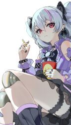 Rule 34 | 1girl, arin (1010 ssu), bare shoulders, between fingers, black bow, black skirt, bow, closed mouth, collared shirt, commentary request, detached sleeves, ear piercing, food, grey hair, grey panties, hair between eyes, hair bow, highres, holding, holding food, honkai (series), honkai impact 3rd, joints, long hair, long sleeves, multicolored hair, panties, piercing, pink hair, prometheus (honkai impact), puffy long sleeves, puffy sleeves, purple shirt, purple sleeves, red eyes, robot joints, see-through, shirt, simple background, sitting, skirt, sleeveless, sleeveless shirt, solo, streaked hair, underwear, white background