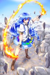 Rule 34 | 1girl, blue hair, blush, female focus, fingerless gloves, gloves, highres, hinanawi tenshi, long hair, mizunashi (second run), no headwear, no headwear, outstretched arms, puffy sleeves, red eyes, rock, short sleeves, smile, solo, standing, sword of hisou, touhou, weapon, wink