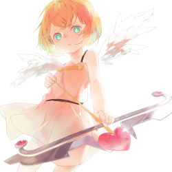 Rule 34 | 1girl, aloin.g, angel wings, arrow (projectile), blonde hair, bow, bow (weapon), bow panties, closed mouth, collarbone, cowboy shot, cupid, cupid (p&amp;d), dress, foreshortening, from below, green eyes, heart, heart arrow, holding, holding weapon, looking at viewer, original, panties, pink dress, pink lips, puzzle &amp; dragons, serious, short hair, sleeveless, sleeveless dress, solo, tareme, underwear, weapon, white background, white wings, wings