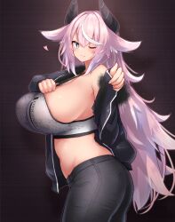 Rule 34 | 1girl, animal ear fluff, animal ears, ass, black horns, black jacket, black pants, blue eyes, breasts, clothes writing, cowboy shot, from side, grey sports bra, heart, highres, horns, jacket, large breasts, multicolored hair, one eye closed, original, pants, pink hair, sideboob, solo, sports bra, streaked hair, tylwing