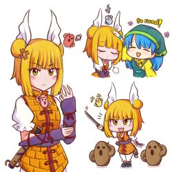 Rule 34 | 2girls, :d, = =, ^ ^, anger vein, arm up, blonde hair, blue hair, blue sash, blush stickers, closed eyes, commentary, cowboy shot, double bun, dress, english commentary, english text, eyelashes, full body, hair bun, hair ribbon, hand up, haniwa (statue), haniyasushin keiki, head scarf, headpat, holding, holding knife, holding weapon, jewelry, joutouguu mayumi, juliet sleeves, knife, long sleeves, looking at viewer, magatama, magatama necklace, multiple girls, multiple views, necklace, open mouth, orange dress, puffy short sleeves, puffy sleeves, ribbon, sash, scabbard, shadow, sheath, sheathed, shirt, short hair, short sleeves, simple background, smile, standing, touhou, v-shaped eyebrows, v arms, vambraces, weapon, white background, white ribbon, white shirt, wool (miwol), yellow dress, yellow eyes