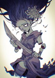 Rule 34 | 1girl, animification, black hair, breasts, colored skin, dead by daylight, detached arm, die (kurosb), floating hair, flower, grey kimono, grey lips, grey skin, grey thighhighs, hair flower, hair ornament, highres, holding, holding sword, holding weapon, japanese clothes, kimono, long hair, looking at viewer, medium breasts, sleeveless, sleeveless kimono, solid eyes, solo, sword, the spirit (dead by daylight), thighhighs, weapon, white background, white eyes, white flower