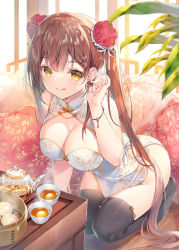 Rule 34 | 1girl, :q, bamboo steamer, baozi, bare arms, bare shoulders, black thighhighs, bracelet, breasts, brown hair, bun cover, china dress, chinese clothes, cleavage, closed mouth, clothing cutout, commentary request, cup, double bun, dress, earrings, food, gold trim, hair bun, hair ornament, hairclip, hand up, highres, jewelry, kneeling, large breasts, long hair, looking at viewer, miwabe sakura, no panties, no shoes, original, pelvic curtain, pillow, seiza, sitting, skindentation, sleeveless, sleeveless dress, smile, solo, teacup, teapot, thighhighs, thighs, tongue, tongue out, transparent, twintails, very long hair, white dress, yellow eyes