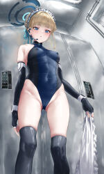Rule 34 | 1girl, :o, absurdres, apron, unworn apron, banana oekaki, bare shoulders, black gloves, black thighhighs, blonde hair, blue archive, blue eyes, blue leotard, blue ribbon, blunt bangs, breasts, cameltoe, cleft of venus, commentary request, covered erect nipples, covered navel, earpiece, elbow gloves, elevator, feet out of frame, fingerless gloves, fisheye, frilled apron, frilled hairband, frills, from below, gloves, gluteal fold, groin, hair bun, hair ribbon, hairband, headset, highleg, highleg leotard, highres, holding, holding clothes, indoors, leotard, looking at viewer, looking down, maid headdress, medium breasts, ribbon, short hair, sidelocks, skin tight, skindentation, sleeveless turtleneck leotard, solo, standing, thighhighs, thighs, toki (blue archive), turtleneck, two-tone leotard, white apron, white hairband