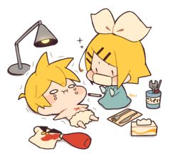 Rule 34 | 1boy, 1girl, :i, blonde hair, blue dress, bow, collared shirt, commentary, crayon, crying, crying with eyes open, dress, fork, gloves, hair bow, hair ornament, hairclip, kagamine len, kagamine rin, ketchup, kitsune no ko, kneeling, knife, lamp, lying, mask, mouth mask, napkin, o o, on back, playing doctor, scared, screwdriver, shirt, unworn shirt, short hair, short ponytail, solid circle eyes, sparkle, spiked hair, spill, surgeon, surgery, surgical mask, swept bangs, tears, tissue box, translated, trembling, vocaloid, white bow, white shirt, wrench, x, | |