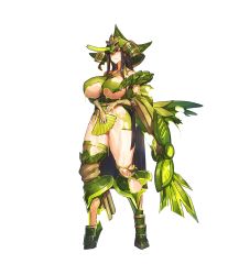 Rule 34 | 1girl, black hair, blush, boots, breasts, bridal gauntlets, closed mouth, covering privates, covering crotch, embarrassed, feet, female focus, folding fan, full body, game cg, green eyes, groin, hand fan, helmet, highres, holding, holding fan, huge breasts, japanese clothes, legs, long hair, looking at viewer, melon22, no panties, original, solo, standing, thighs, torn clothes, transparent background, very long hair, wide sleeves