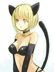 Rule 34 | 00s, 1girl, animal ears, bad id, bad pixiv id, bare shoulders, bell, bikini, bikini top only, black bikini, blonde hair, breasts, cat ears, cat tail, clare (claymore), claymore (series), cleavage, collar, elbow gloves, face, gloves, grey eyes, large breasts, neck bell, pocopoco, short hair, solo, swimsuit, tail
