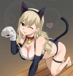 Rule 34 | 1girl, animal ears, animal hands, bikini, blonde hair, blue eyes, breasts, cat ears, cat tail, cleavage, earrings, eden&#039;s zero, gaston18, gloves, highres, jewelry, large breasts, long hair, looking at viewer, one eye closed, paw gloves, rebecca bluegarden, smile, swimsuit, tail
