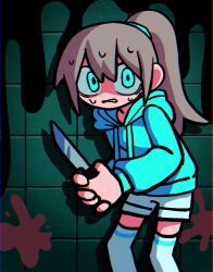 Rule 34 | 1girl, blood, blood on wall, blood splatter, blue eyes, blue hoodie, borrowed character, brown hair, empty eyes, feet out of frame, frown, highres, holding, holding knife, hood, hood down, hoodie, ichika-chan (iiiichimaru 03), knife, long hair, long sleeves, looking at viewer, nervous sweating, original, over-kneehighs, ponytail, saki (a01 31), scared, shadow, short shorts, shorts, sidelocks, solo, sweat, thighhighs, tile wall, tiles, two-handed, white shorts, wide-eyed