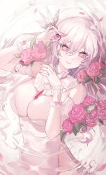 Rule 34 | 1girl, absurdres, bead necklace, beads, breasts, collar, dress, flower, gem, grey hair, hair between eyes, hair ornament, highres, jewelry, large breasts, looking at viewer, mon (m0n), necklace, original, partially submerged, petals, pink eyes, pink hair, pink nails, red flower, red rose, rose, side slit, smile, solo, water, white collar, white dress