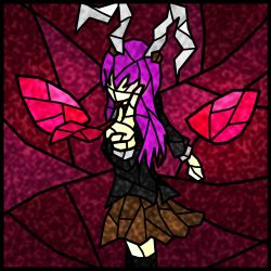 Rule 34 | 1girl, animal ears, bad id, bad pixiv id, rabbit ears, faux traditional media, female focus, koutyousan, long hair, necktie, purple hair, reisen udongein inaba, solo, stained glass, touhou