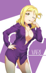 Rule 34 | 10s, 1girl, absurdres, blonde hair, blush, braid, breasts, buttons, character name, cleavage, crown braid, dress shirt, highres, large breasts, long hair, love live!, love live! sunshine!!, naked shirt, no panties, ohara mari, one eye closed, open clothes, open shirt, purple shirt, shirt, solo, surfing orange, tongue, tongue out, yellow eyes