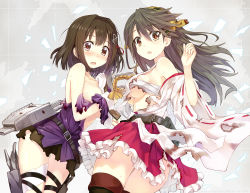 Rule 34 | 10s, 2girls, amagai tarou, bare shoulders, blush, breasts, brown eyes, brown hair, detached sleeves, elbow gloves, frilled skirt, frills, gloves, haguro (kancolle), hair ornament, hairband, haruna (kancolle), highres, japanese clothes, kantai collection, long hair, looking at viewer, multiple girls, ribbon-trimmed sleeves, ribbon trim, sarashi, short hair, skirt, tears, thigh strap, thighhighs, torn clothes, white gloves