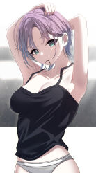 Rule 34 | 1girl, absurdres, armpits, arms up, asakura toru, black camisole, blurry, blurry background, blush, breasts, camisole, cleavage, collarbone, gradient hair, grey panties, highres, idolmaster, idolmaster shiny colors, light smile, looking at viewer, medium breasts, mouth hold, multicolored hair, panties, purple hair, rubber band, short hair, sikimosh, solo, sweat, underwear