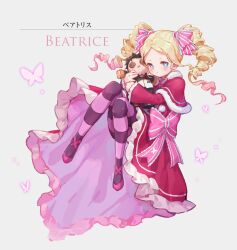 Rule 34 | 1girl, beatrice (re:zero), blonde hair, bug, butterfly, butterfly-shaped pupils, button eyes, buttons, capelet, dress, drill hair, english text, floating, frilled dress, frills, fur-trimmed capelet, fur trim, highres, hugging object, insect, natsuki subaru, on kydong, pantyhose, pink ribbon, pout, re:zero kara hajimeru isekai seikatsu, re:zero kara hajimeru isekai seikatsu: lost in memories, red capelet, ribbon, striped clothes, striped pantyhose, stuffed toy, symbol-shaped pupils, track suit, twin drills, white background