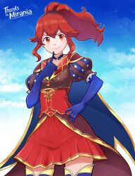 Rule 34 | 1girl, absurdres, anna (fire emblem), blue gloves, blush, breasts, commissioner name, cosplay, detached collar, fate/grand order, fate (series), finger to mouth, fire emblem, gloves, hair between eyes, highres, leonardo da vinci (fate), leonardo da vinci (fate) (cosplay), long hair, looking at viewer, mr.thunderigor, nintendo, ponytail, puff and slash sleeves, puffy sleeves, red eyes, red hair, red skirt, sidelocks, skirt, small breasts, smile, solo, star (symbol), star print, thank you, thighhighs