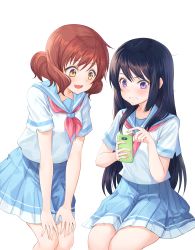 Rule 34 | 2girls, :d, absurdres, aergia c, black hair, blue sailor collar, blue skirt, blush, brown hair, cellphone, clenched teeth, collarbone, collared shirt, hair between eyes, hands on own knees, hibike! euphonium, highres, holding, holding phone, index finger raised, invisible chair, kitauji high school uniform, kousaka reina, leaning forward, long hair, miniskirt, multiple girls, neckerchief, open mouth, oumae kumiko, phone, pleated skirt, purple eyes, red neckerchief, sailor collar, sailor shirt, school uniform, shirt, short sleeves, simple background, sitting, skirt, smartphone, smile, standing, straight hair, swept bangs, teeth, very long hair, wavy mouth, white background, white shirt, yellow eyes