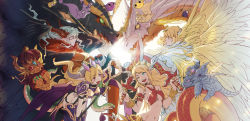 Rule 34 | 2boys, 2girls, angel, archangel lucifer, archdemon lucifer (p&amp;d), baddie (p&amp;d), black wings, blonde hair, carbuncle (p&amp;d), demon girl, dragon, dual wielding, echidna (p&amp;d), feathered wings, gold dragon (p&amp;d), halo, halterneck, halterneck, holding, horns, indra (p&amp;d), lamia, lilith (p&amp;d), meer rowe, metal dragon (p&amp;d), midriff, monster girl, multiple boys, multiple girls, navel, pengdra, puzzle &amp; dragons, shynee (p&amp;d), slime (creature), snake, sword, vritra (p&amp;d), weapon, white hair, wings